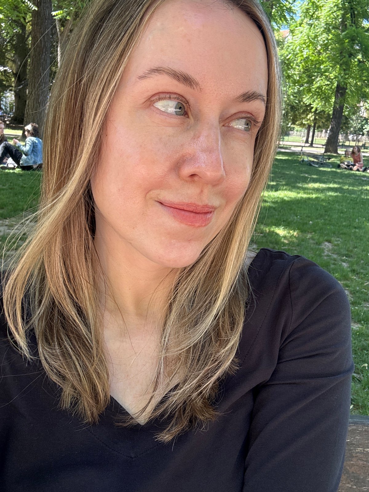 Selfie session on park bench in Strasbourg