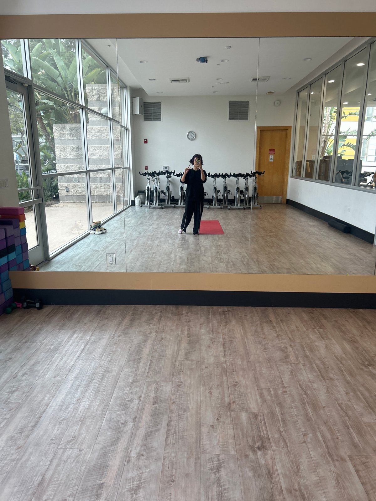 Woman poses in mirrored Los Angeles fitness studio