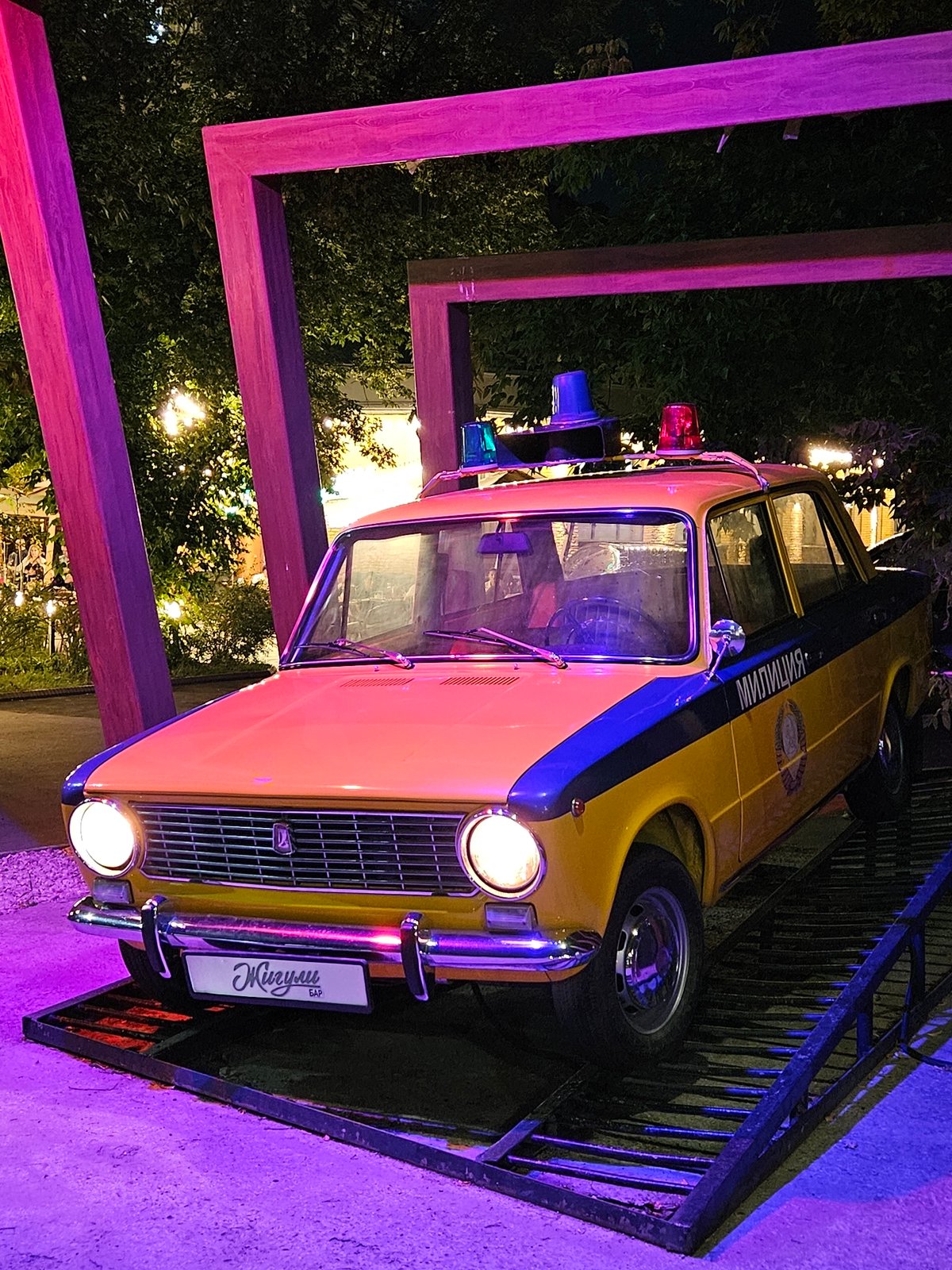 Vintage Soviet Zhiguli police car on display in Almaty