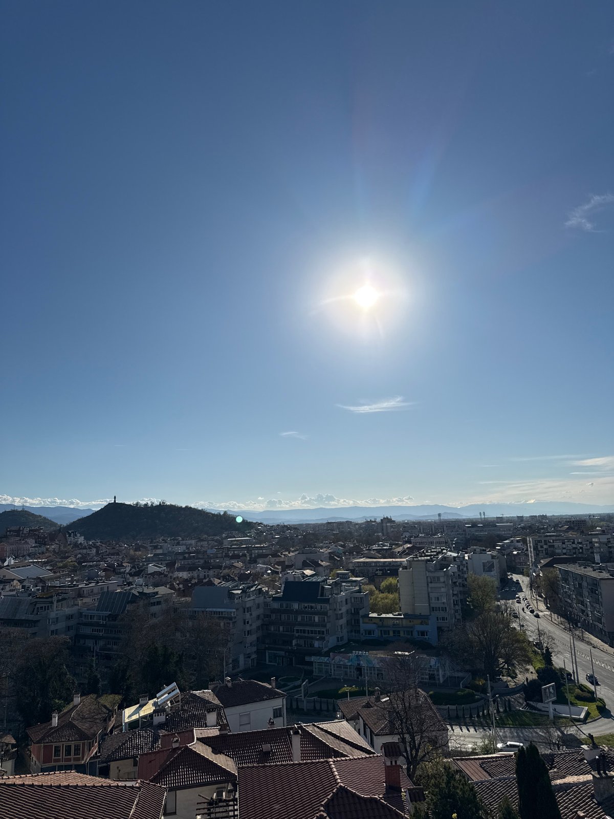 Aerial view captures dense cityscape under clear skies