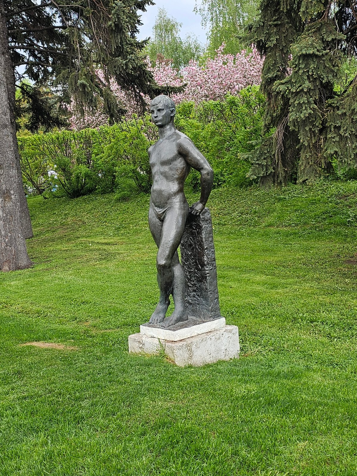 Bronze nude male statue observed in park setting