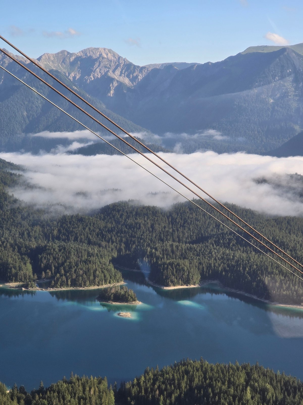 Cable car views over Eibsee and the Zugspitze, Grainau