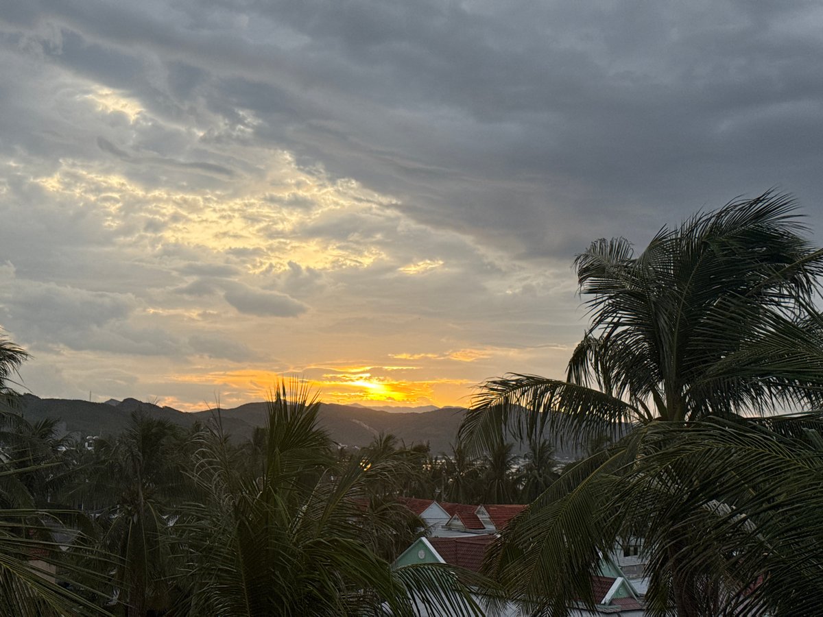 Tropical coastal sunset across mountains, palms, and shoreline