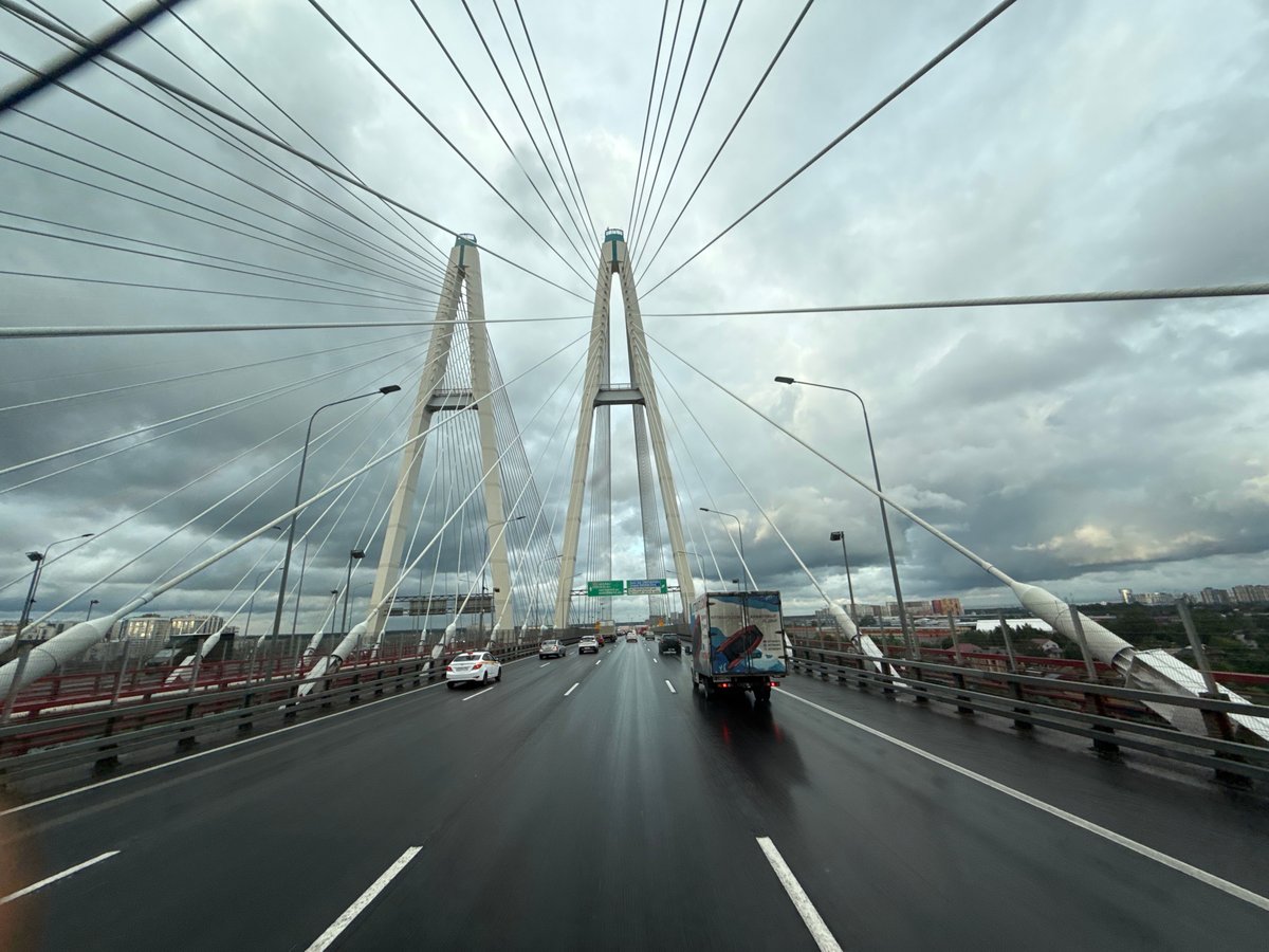 Crossing a cable-stayed bridge under stormy skies in Saint Petersburg