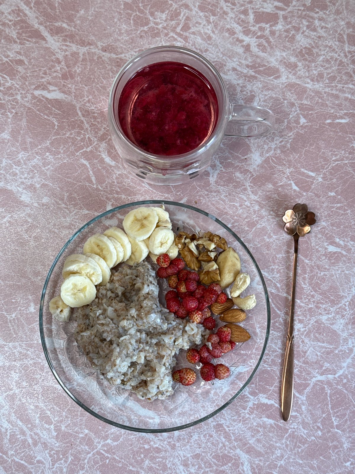 Woman documents morning routine with breakfast and peony bouquets