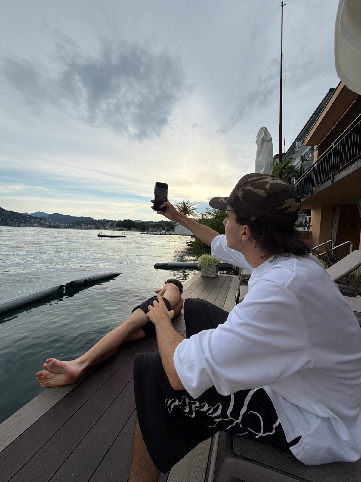 Relaxing on the dock at a lakeside hotel