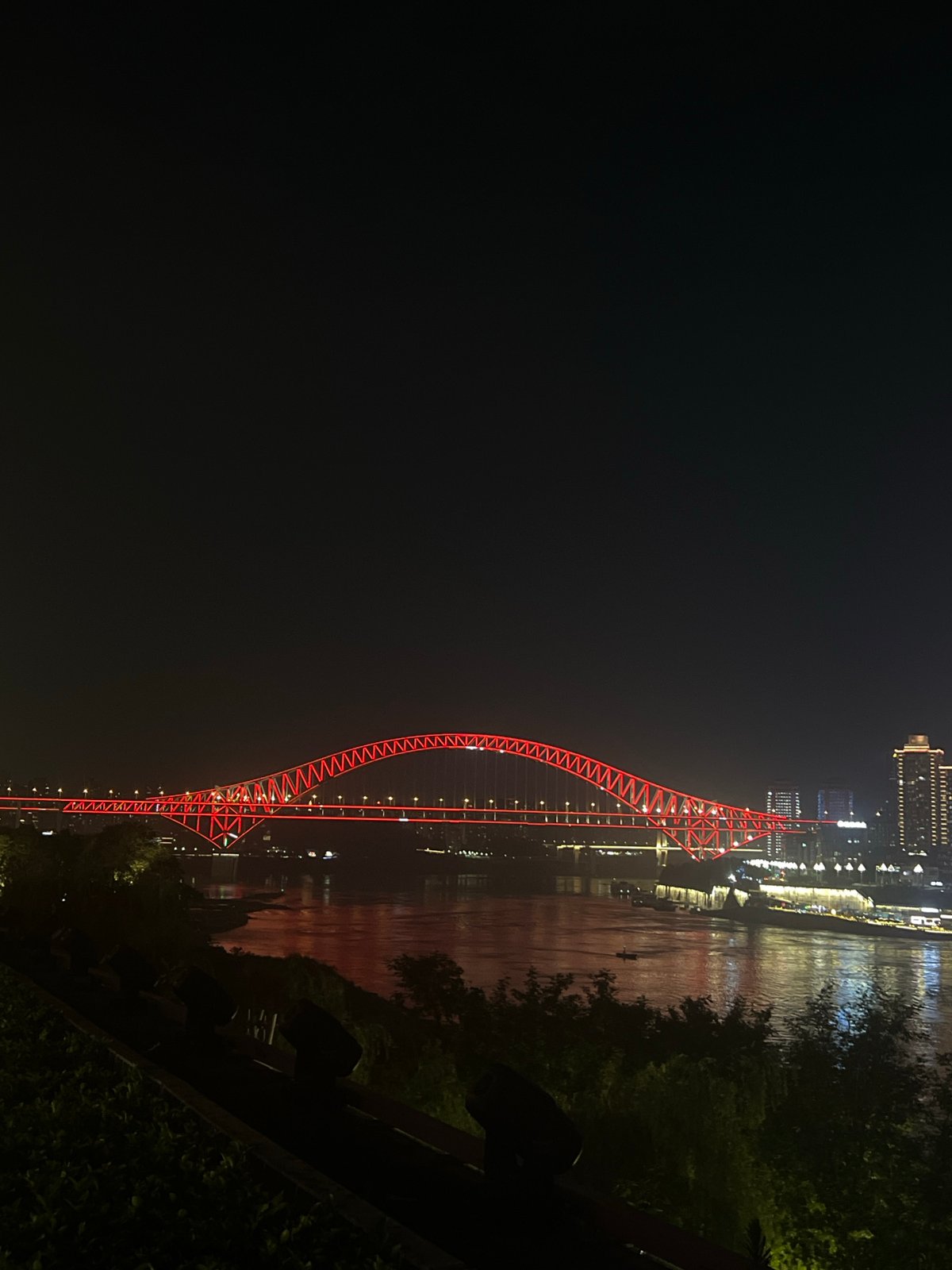 Hongya Cave Bridge glows red against the Chongqing night sky