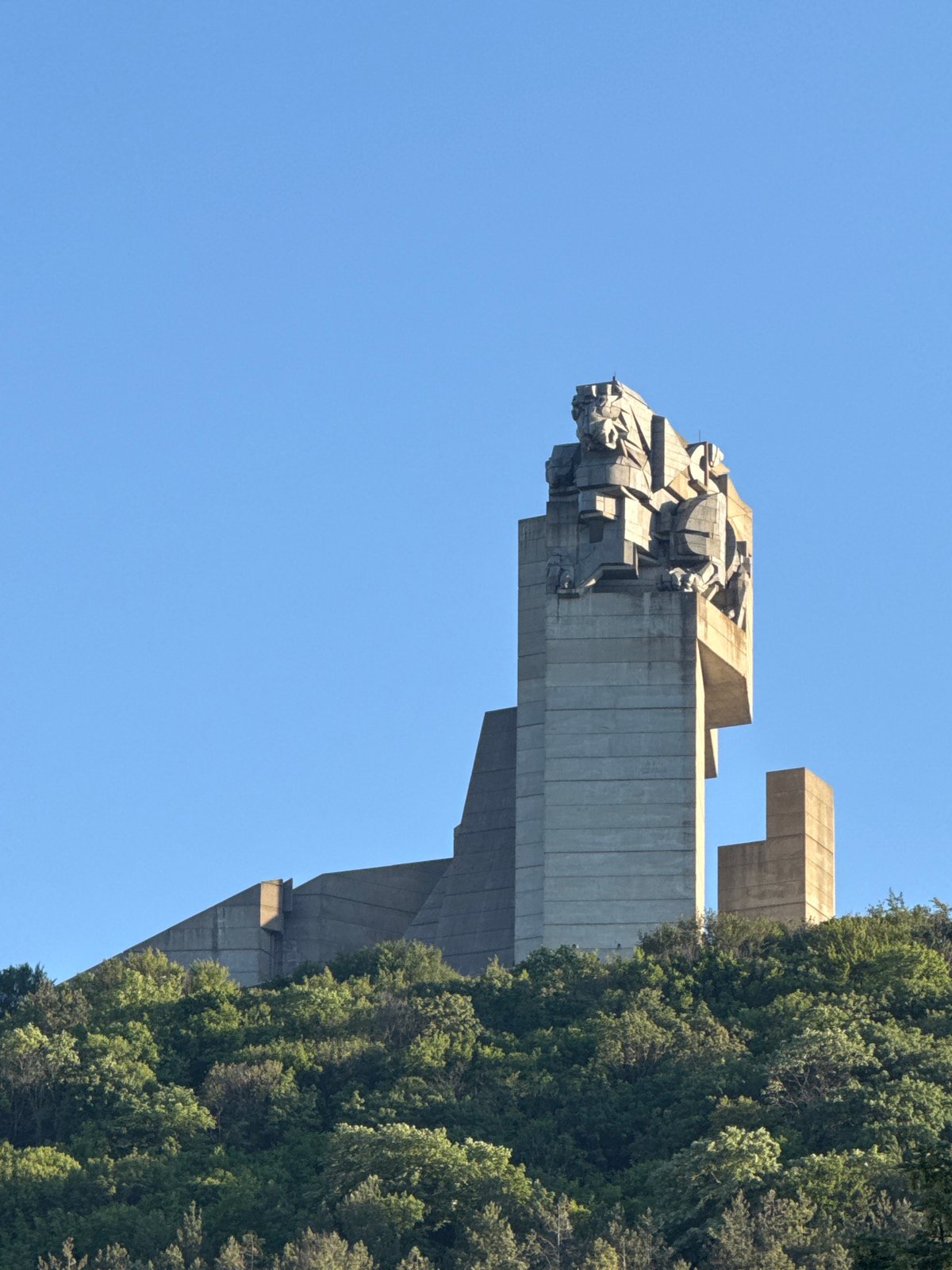 Tourist photographs Bulgarian monument and local dog in Shumen