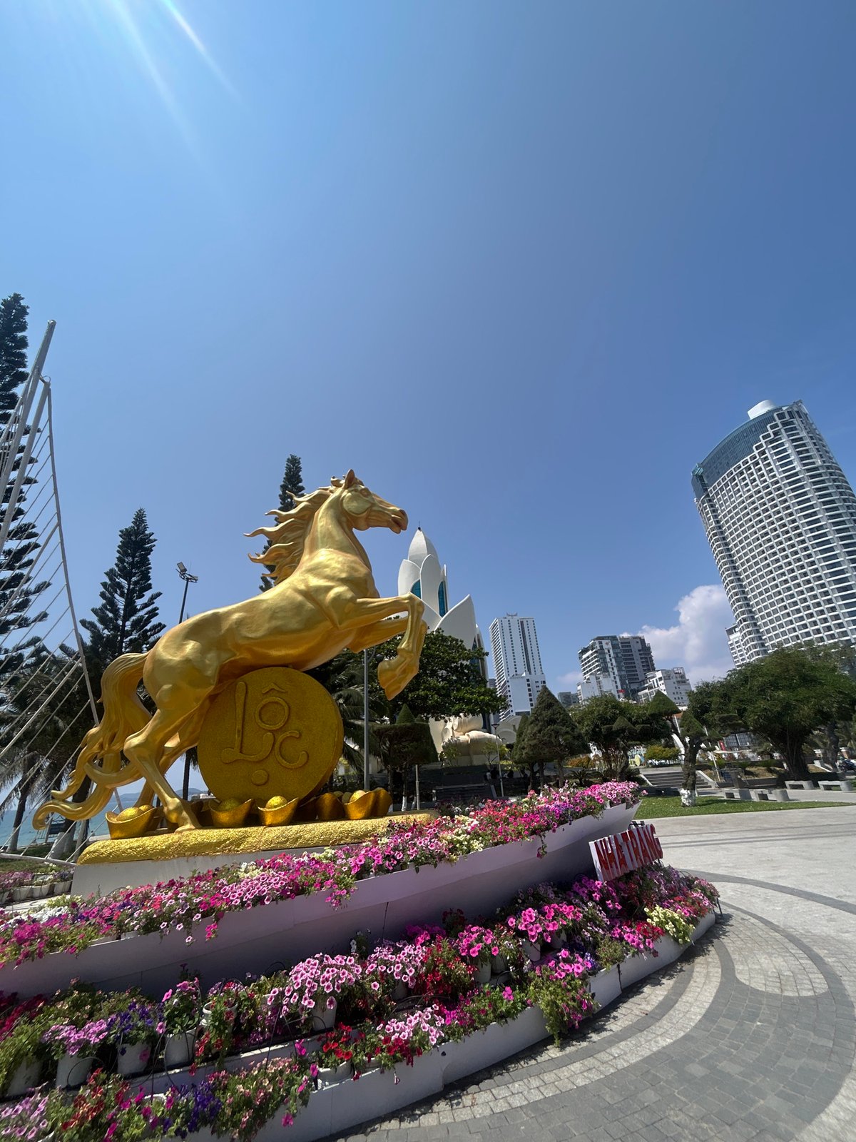 Golden horse statue spotted in Nha Trang urban scene