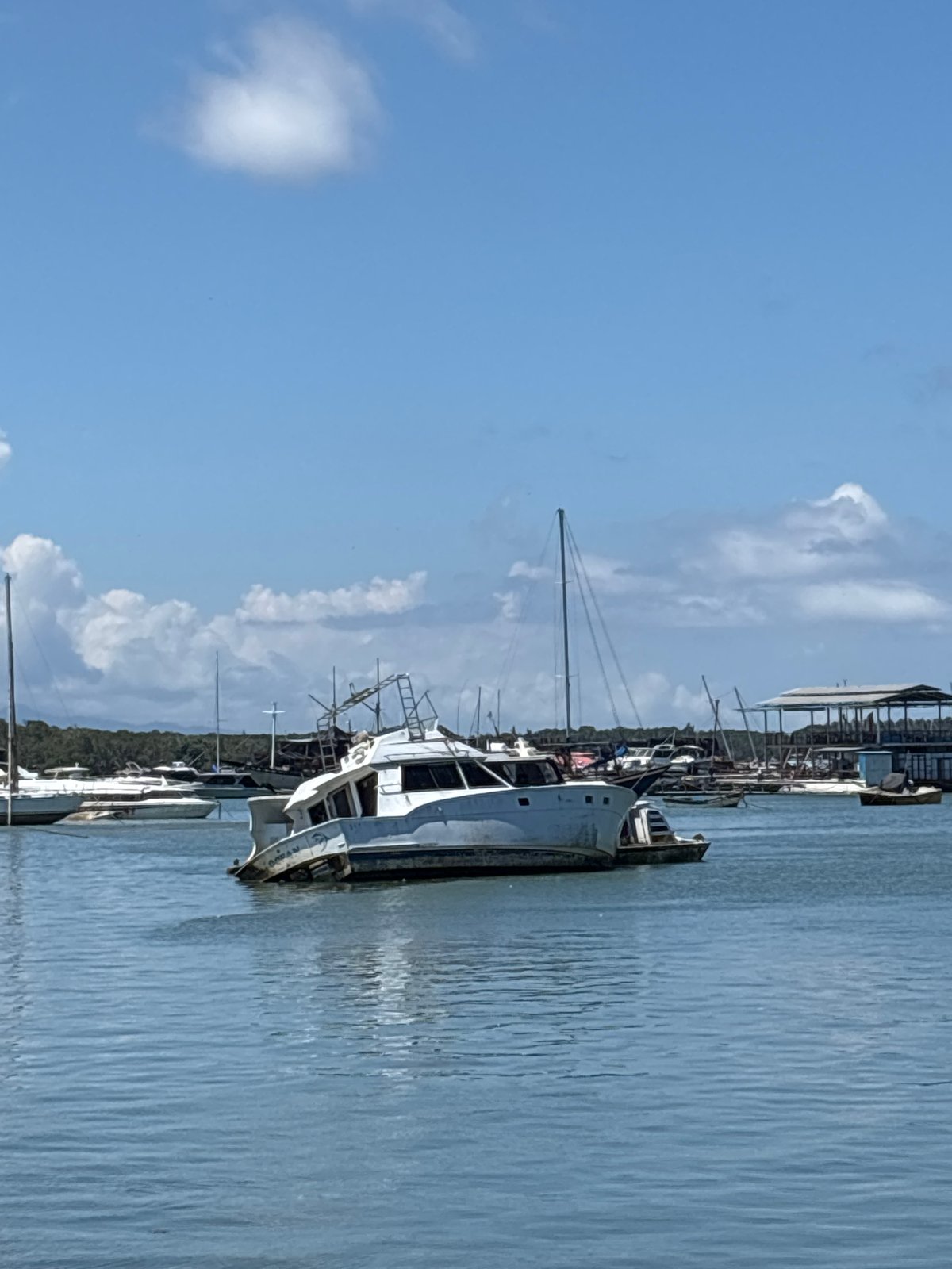 Boats docked at Denpasar harbor under morning skies