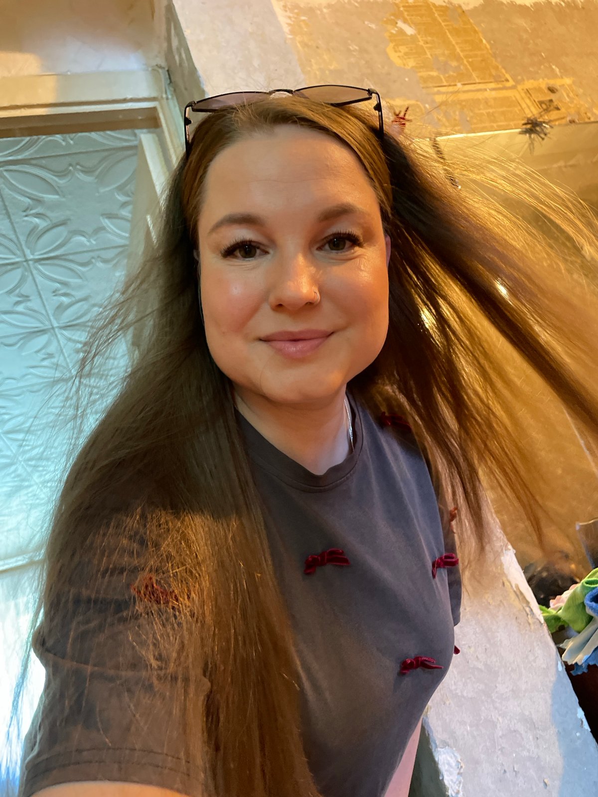 Selfie in Izhevsk featuring a grey bow-detailed tee