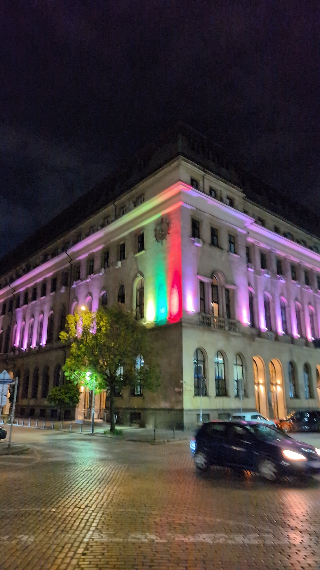 Sofia landmark glows under colorful night illumination
