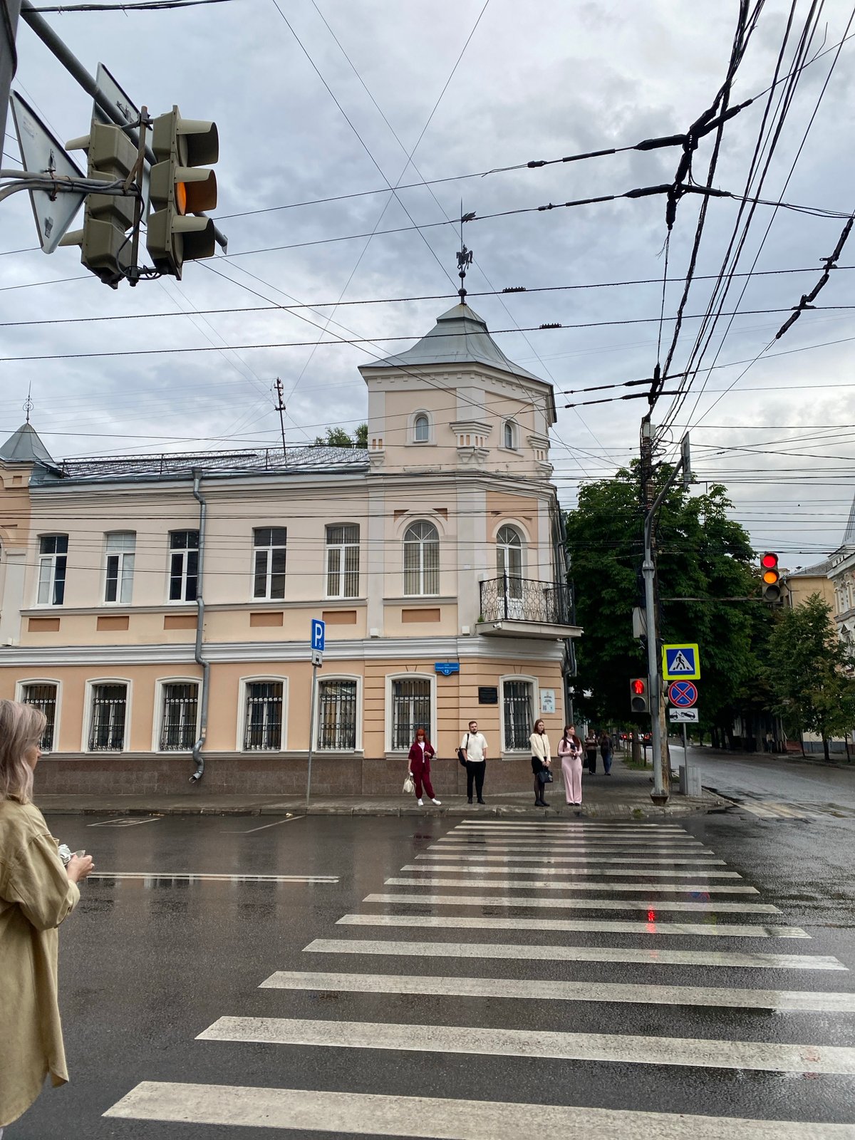 Rainy afternoon foot traffic at a Voronezh street crossing