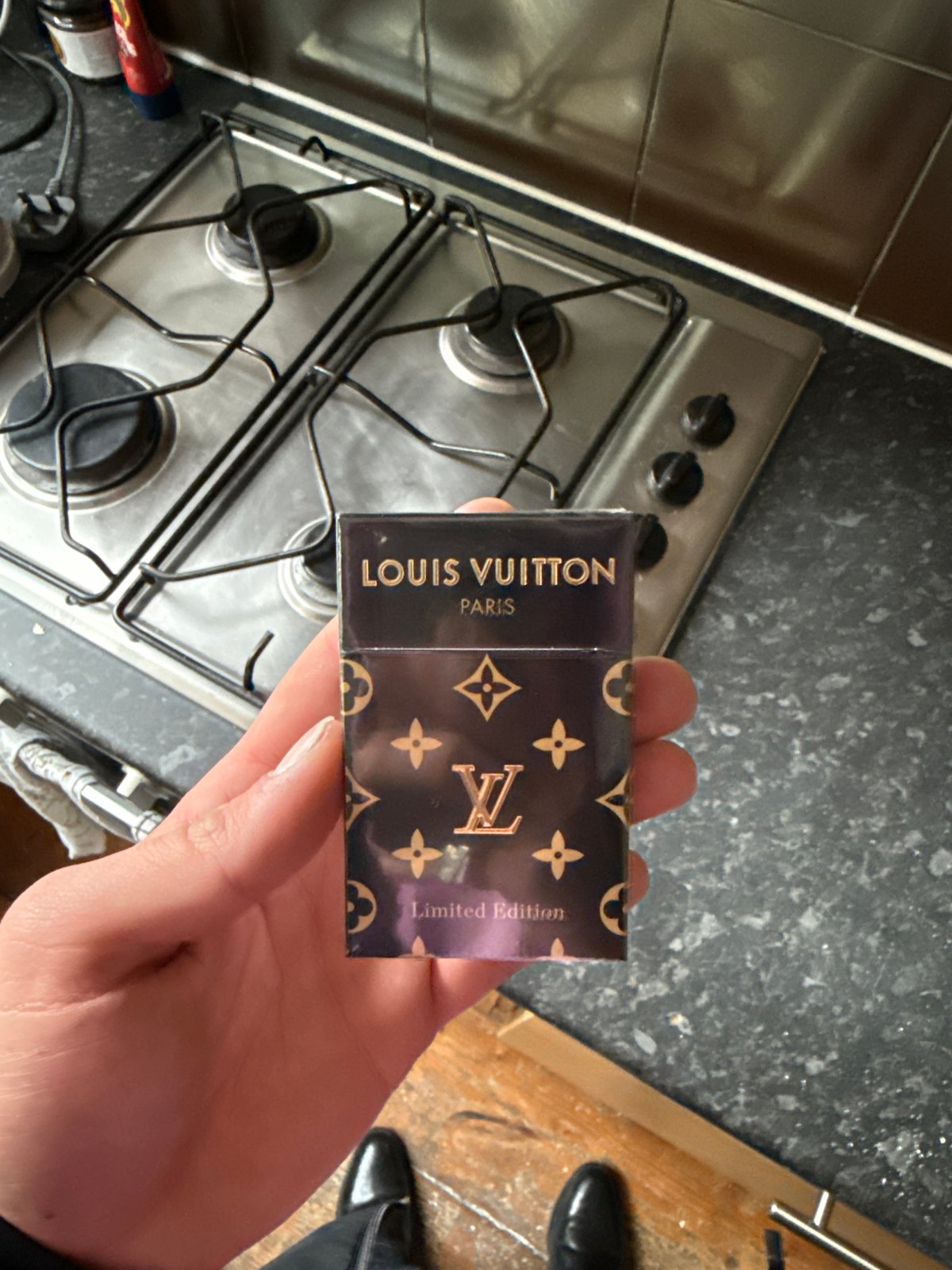 London resident displays luxury Louis Vuitton cigarettes in kitchen