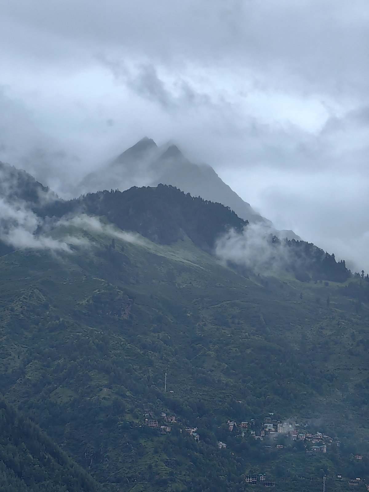 Vashisht in the clouds: forests, peaks, and village on a misty morning