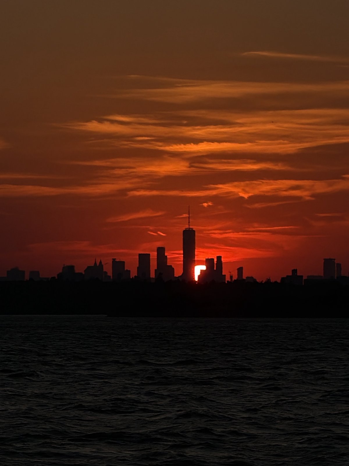 NYC skyline glows at sunset, shot from across the water