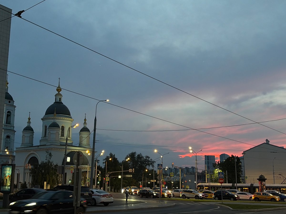 Central Moscow at dusk, streets and landmarks as night falls