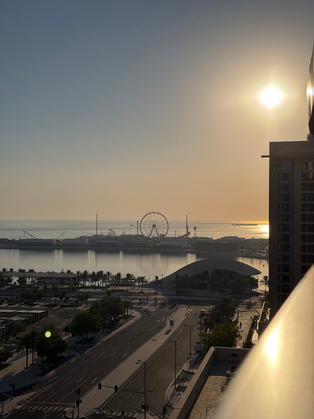 Golden hour views across an urban waterfront from above