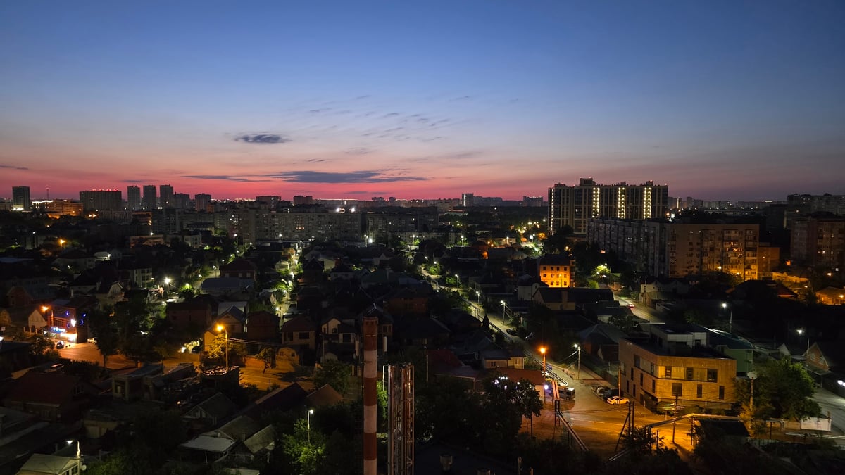 Krasnodar twilight skyline, plus an unexpected close-up eye shot