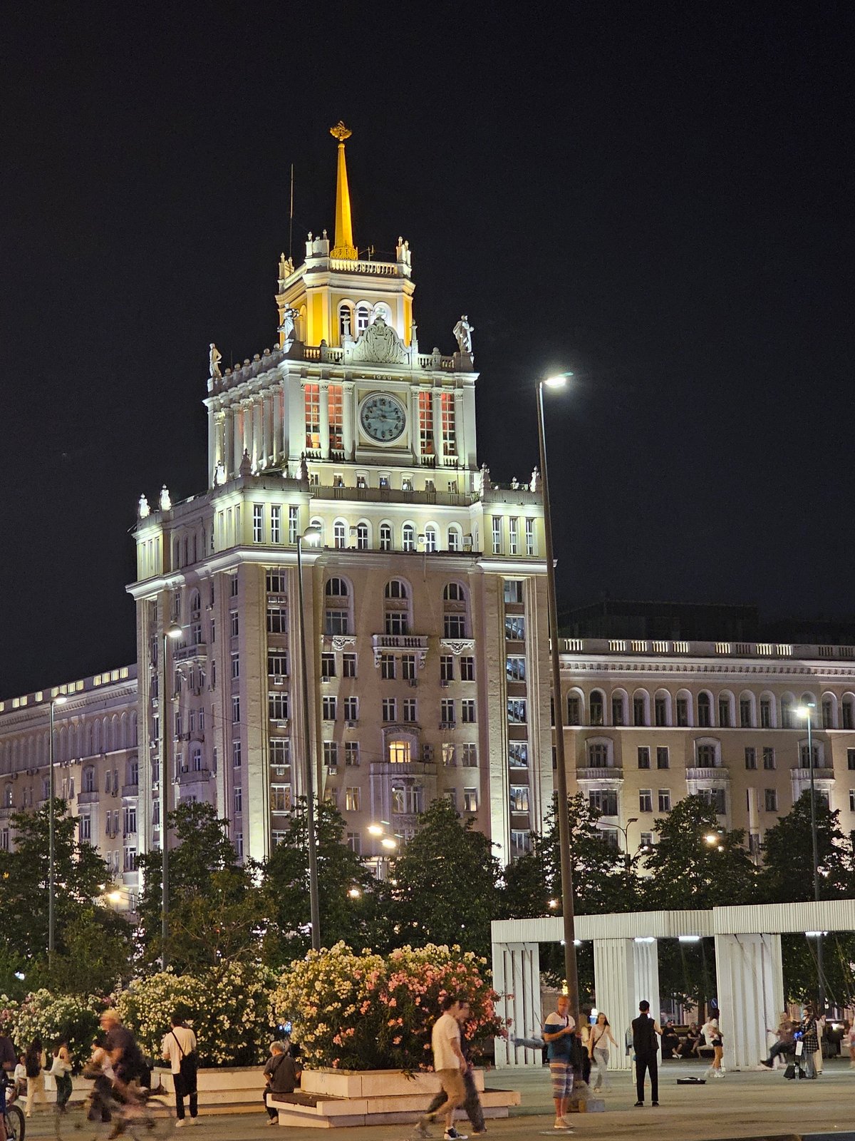 Moscow's MFA Stalinist skyscraper glowing at night
