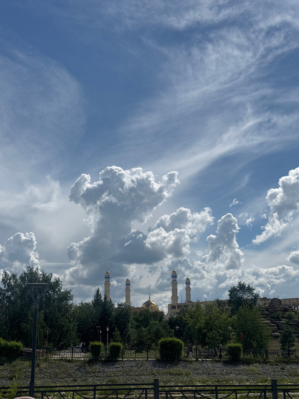 Morning stroll around Kokshetau's mosque, deer statues, and park