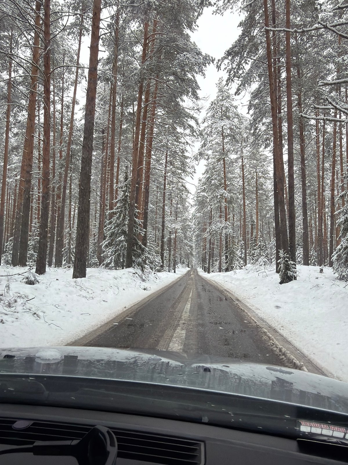 Driver navigates snowy forest road in Chaikovsky, Russia