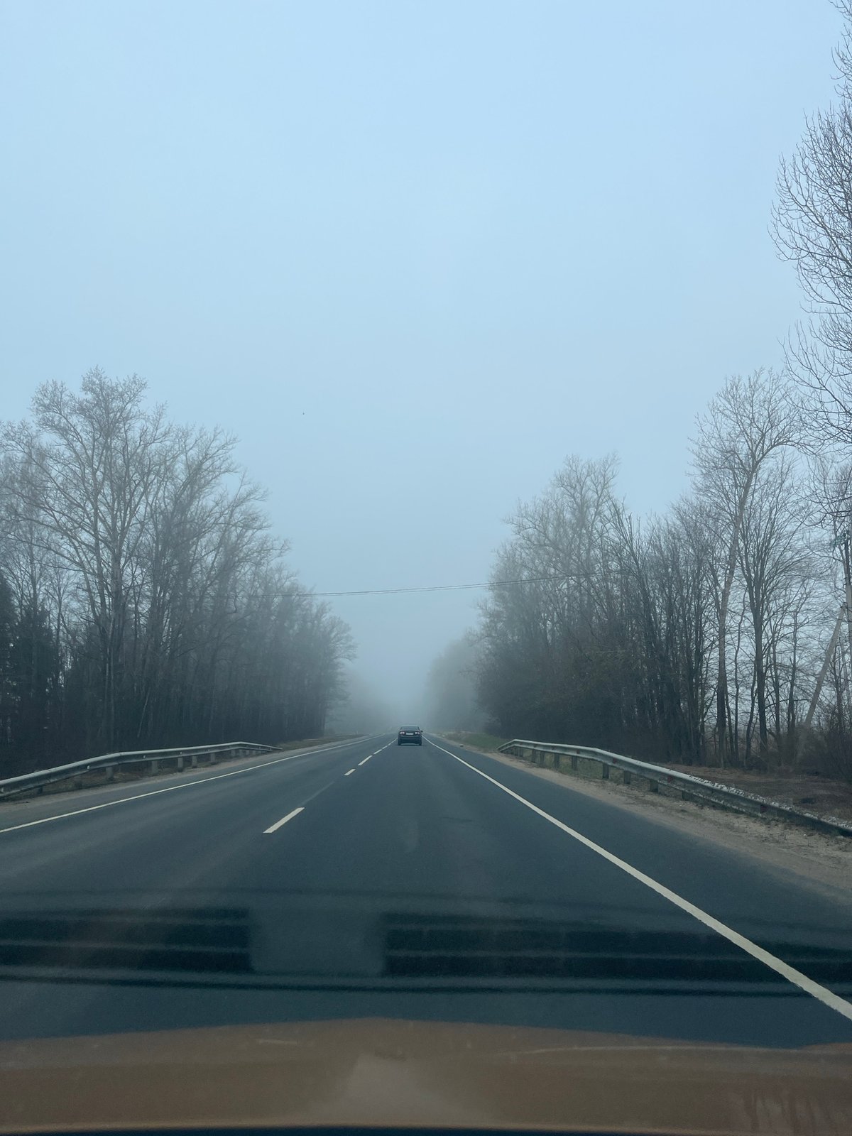 Dense fog blankets rural road in Ширяево, Russia