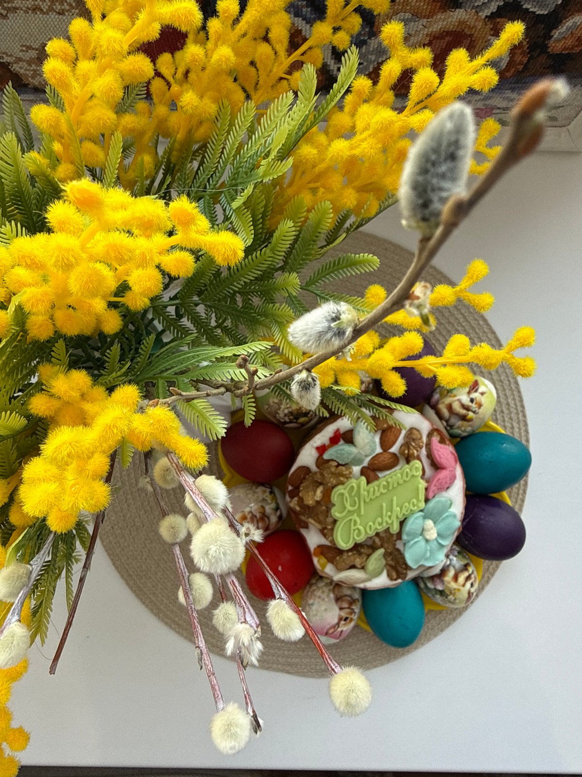 Easter celebration with traditional cake and decorations in Bor, Russia