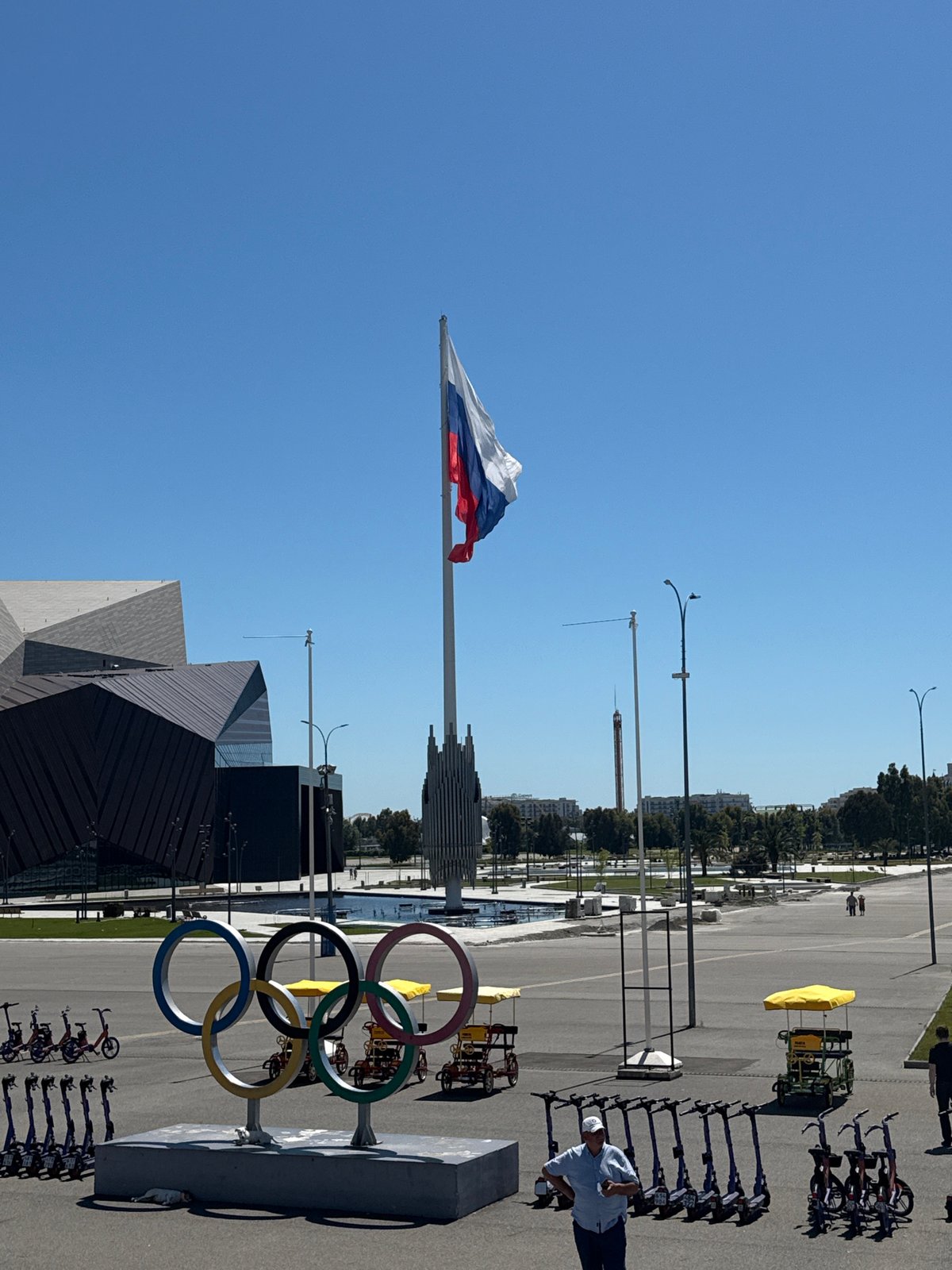 Russian flags wave at Sirius Olympic Park on sunny morning
