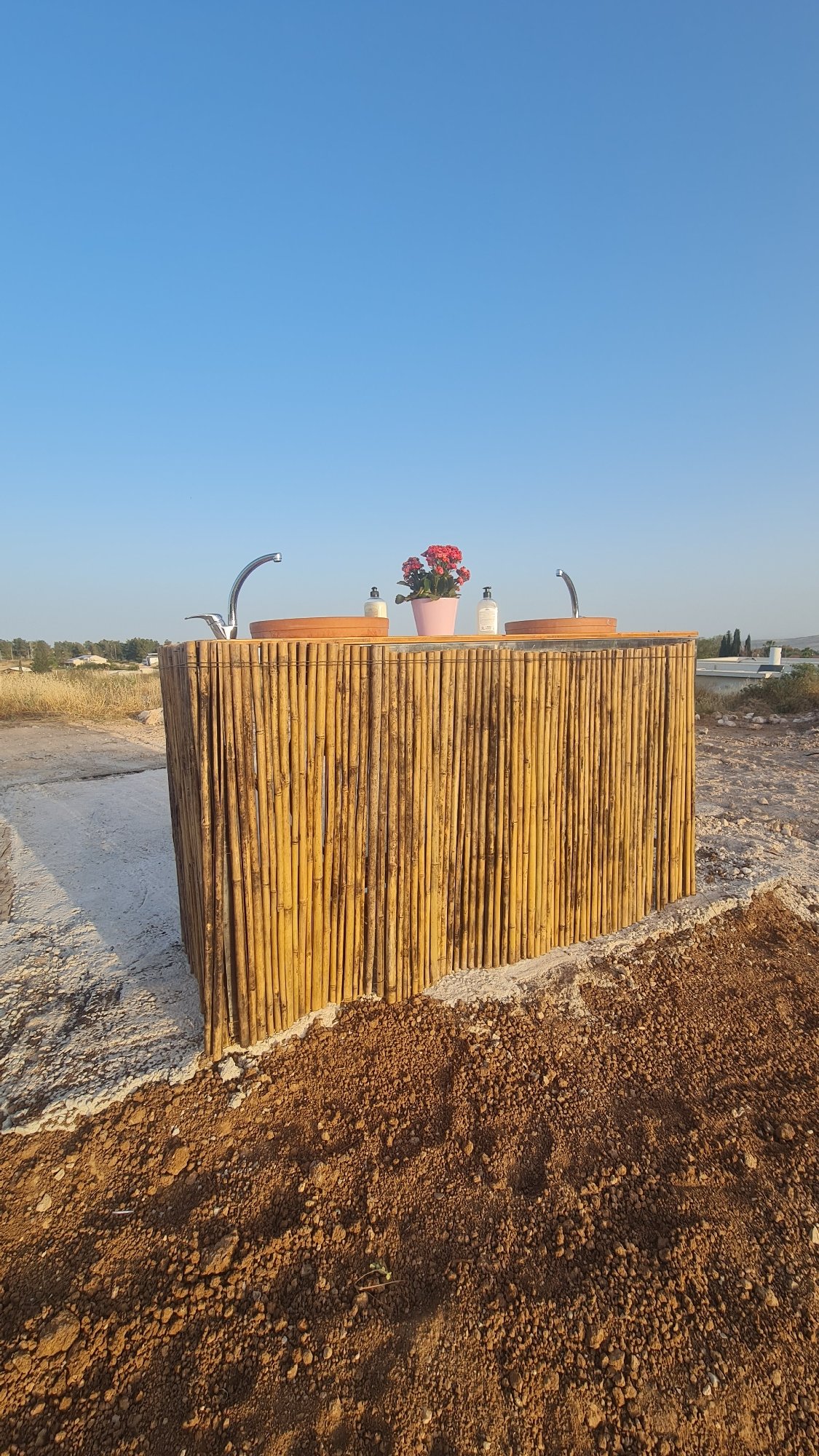 Outdoor bamboo vanity with flowering plants documented in Israel