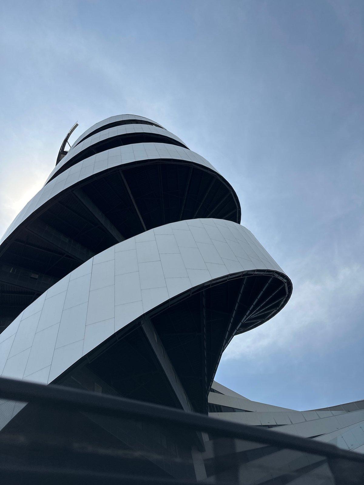 Modern spiral building photographed in San Bernardino Tlaxcalancingo