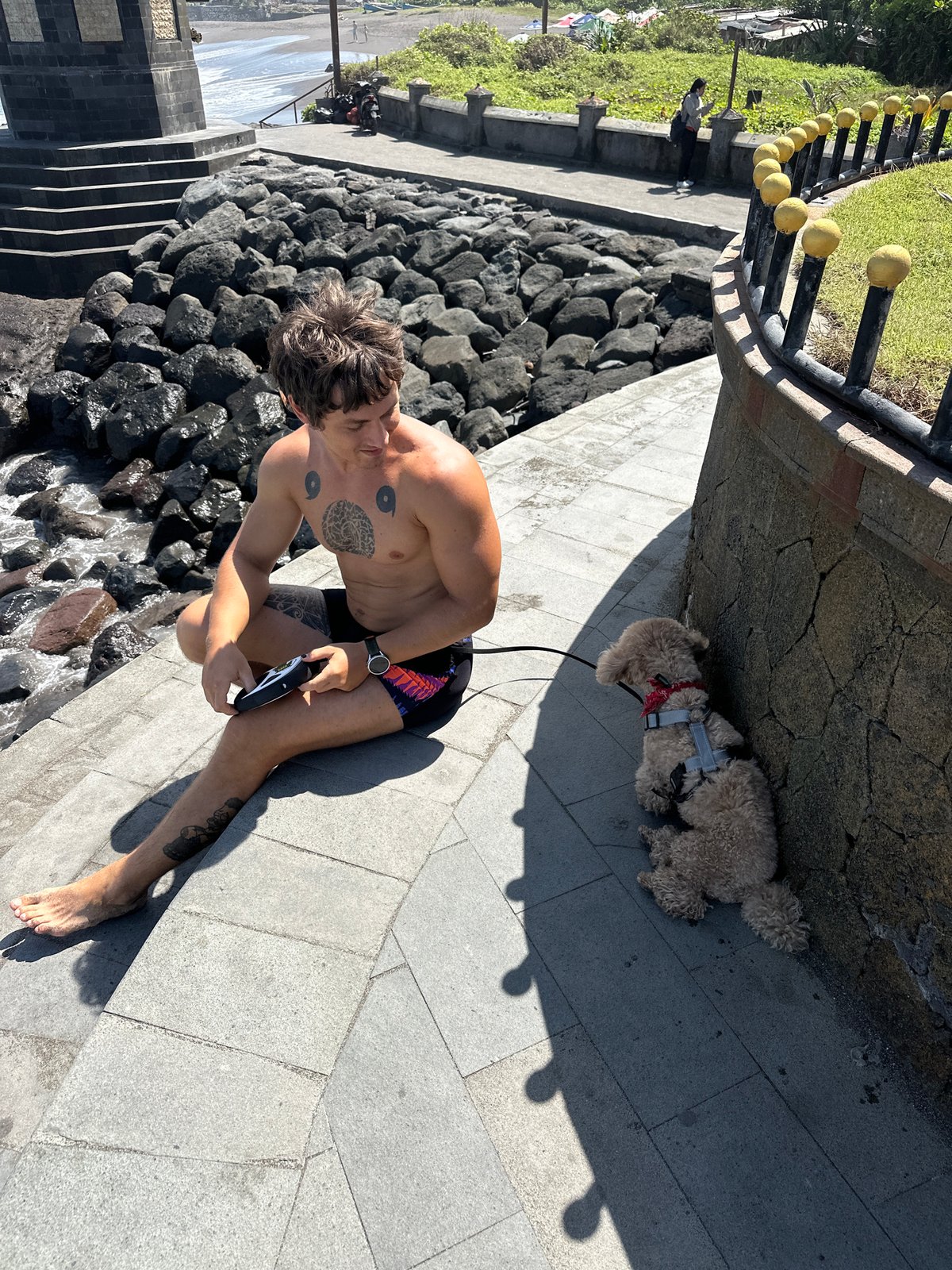 Man and dog spotted in sunny coastal Mengwi scene