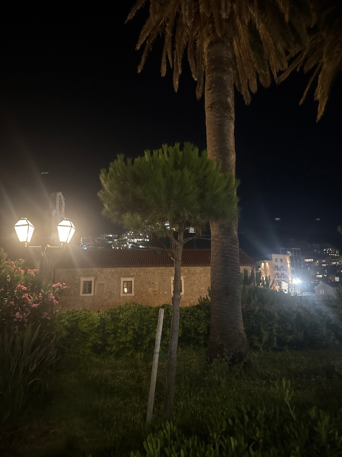 Evening in Budva: Old Town walls, Citadel, and Adriatic coastline at night