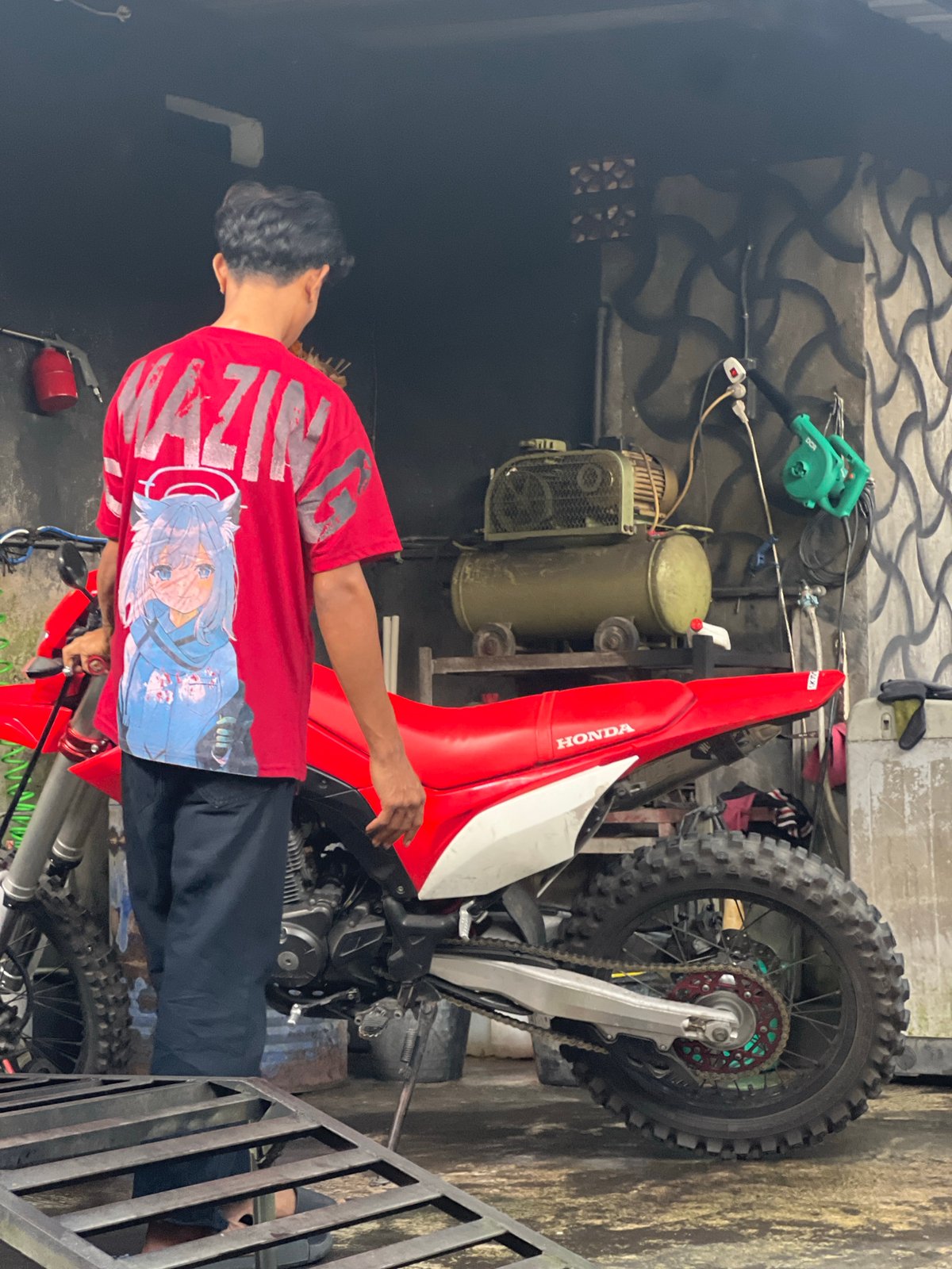 Dirt bike, a stray cat, and trees in Denpasar