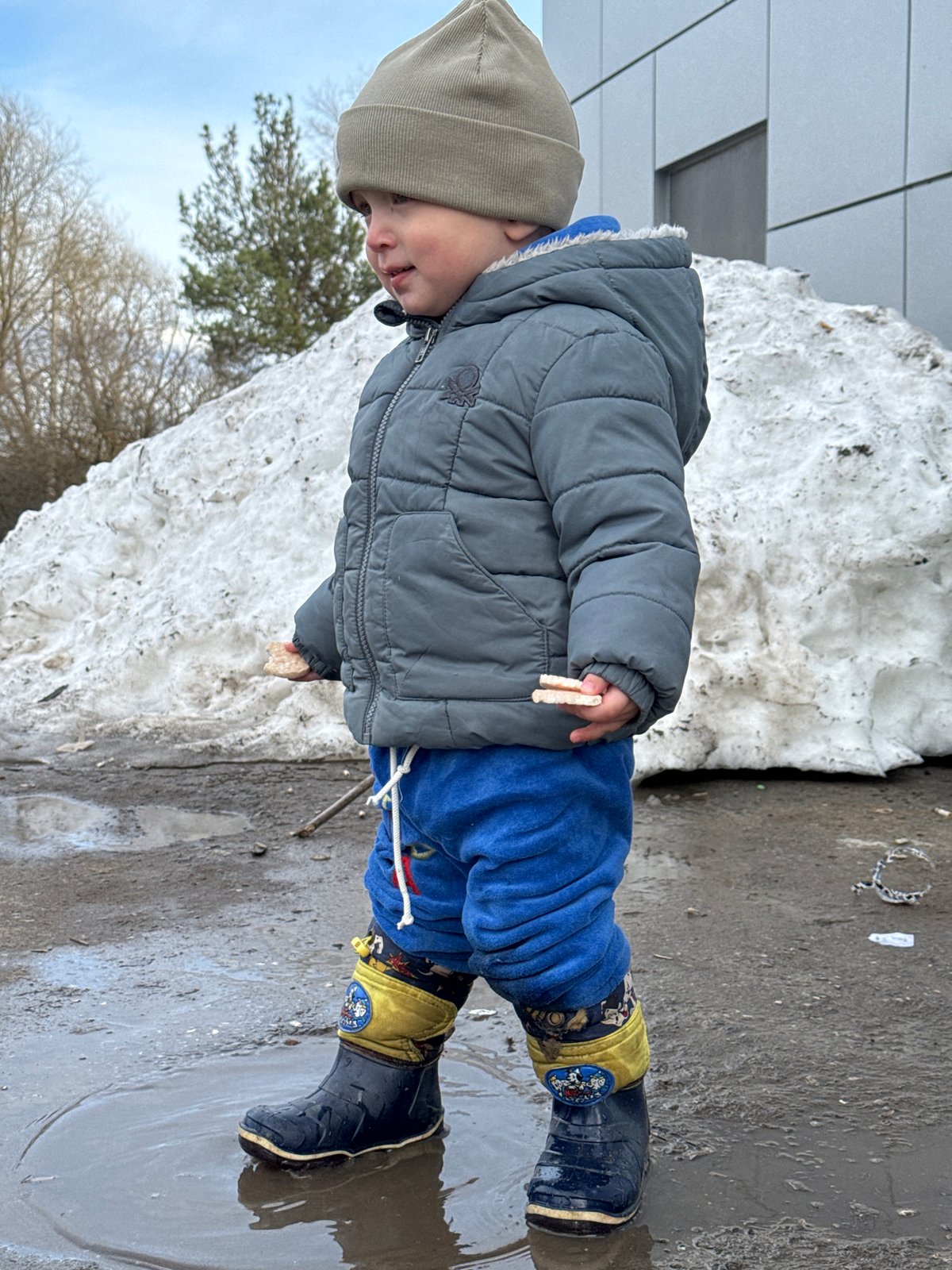 Toddler plays in snow pile and puddle during spring