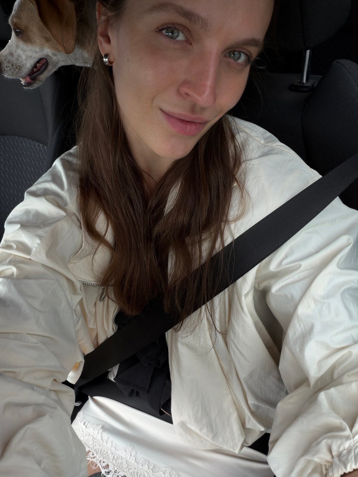 Woman and dog travel by car in Mojanovići, Montenegro