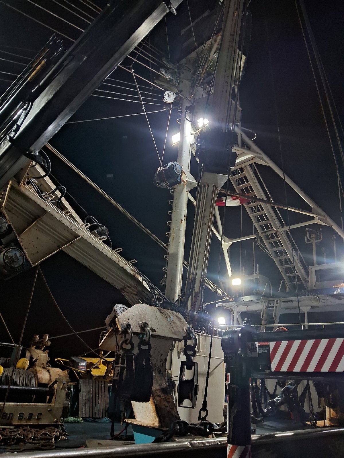 Night on a fishing trawler deck in Chimbote port