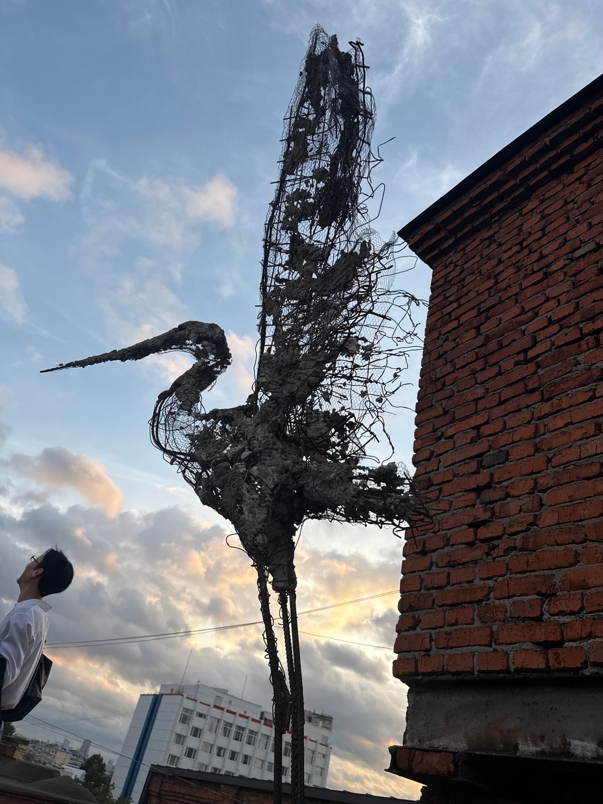 Moscow art opening with rooftop bird sculptures and a stormy sunset