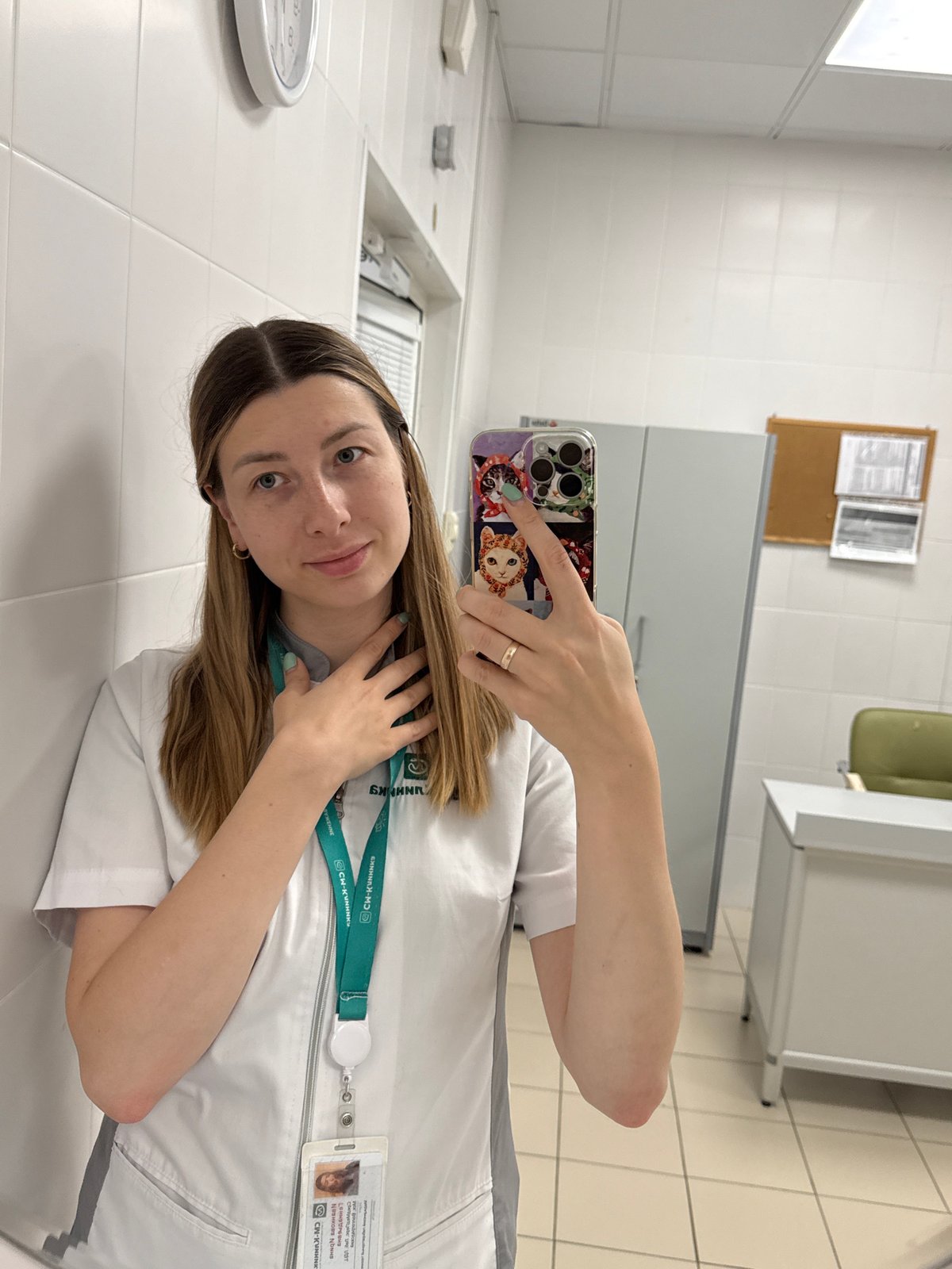 Medical worker documents workplace moments in Moscow facility