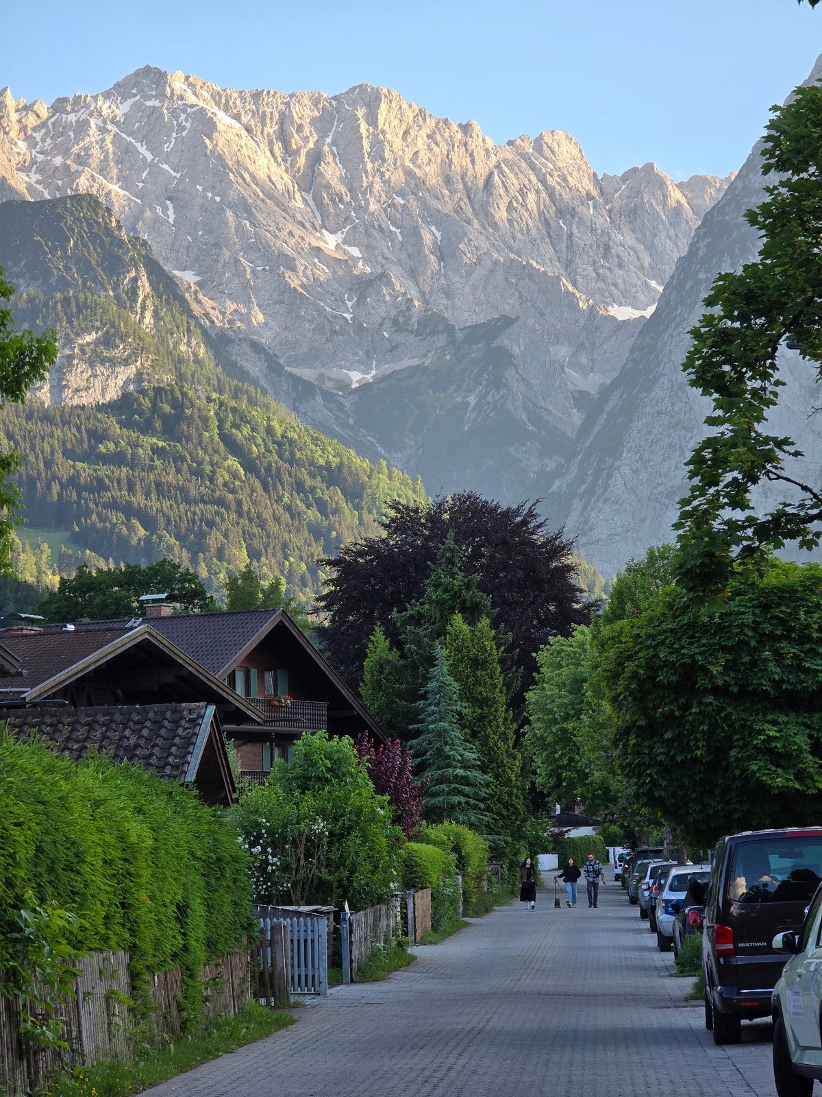 Garmisch-Partenkirchen streets and rooftops with the Zugspitze behind