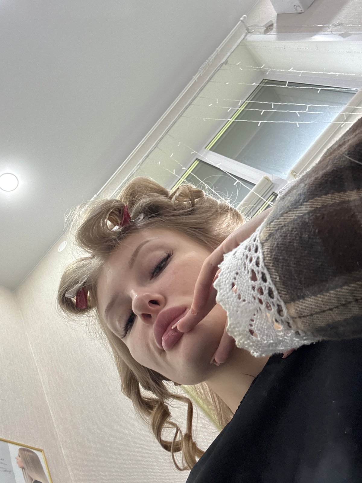 Salon selfie session in Perm, hair going from rollers to curls