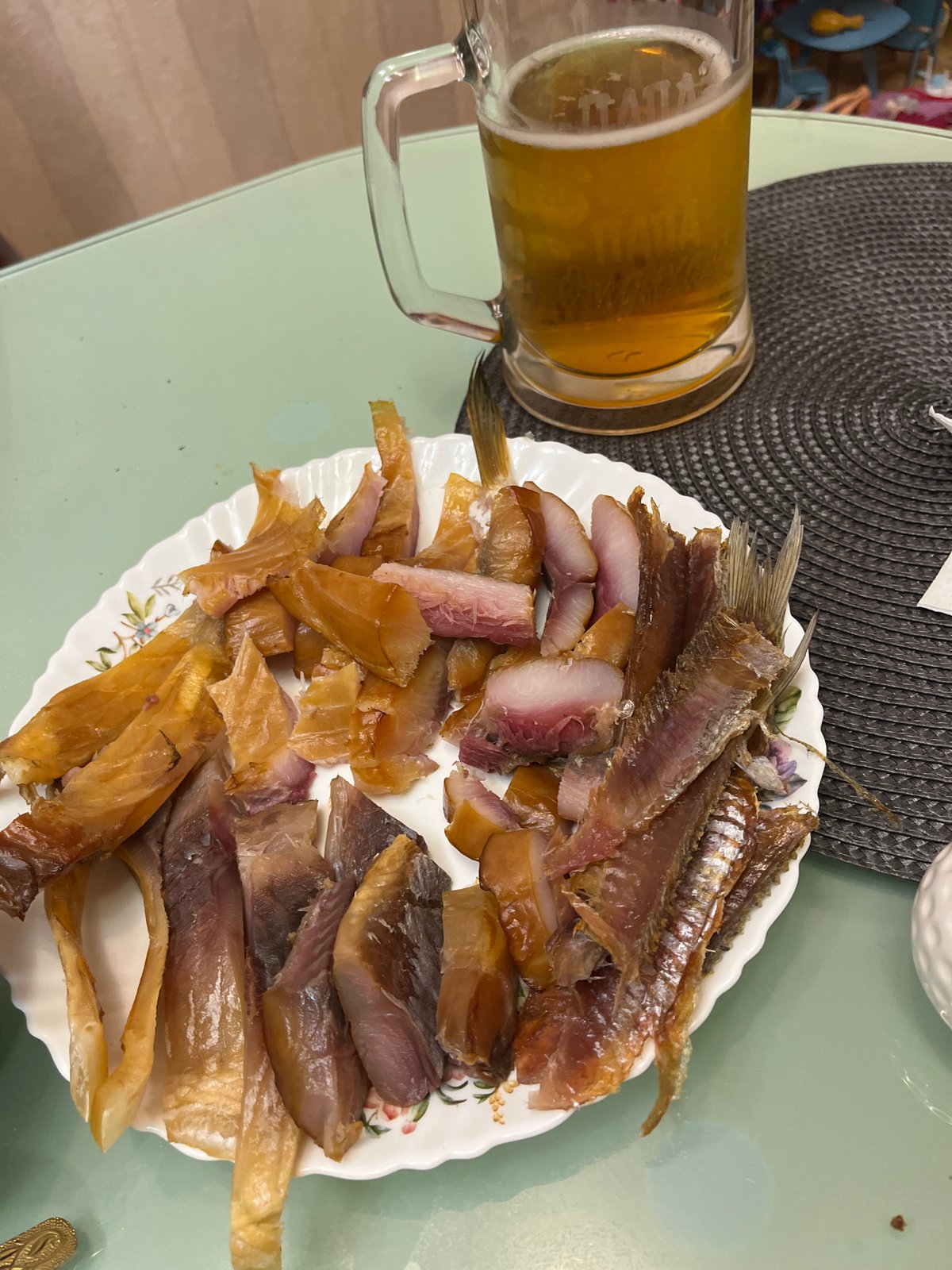 Assorted smoked fish plate, overhead view, Sochi