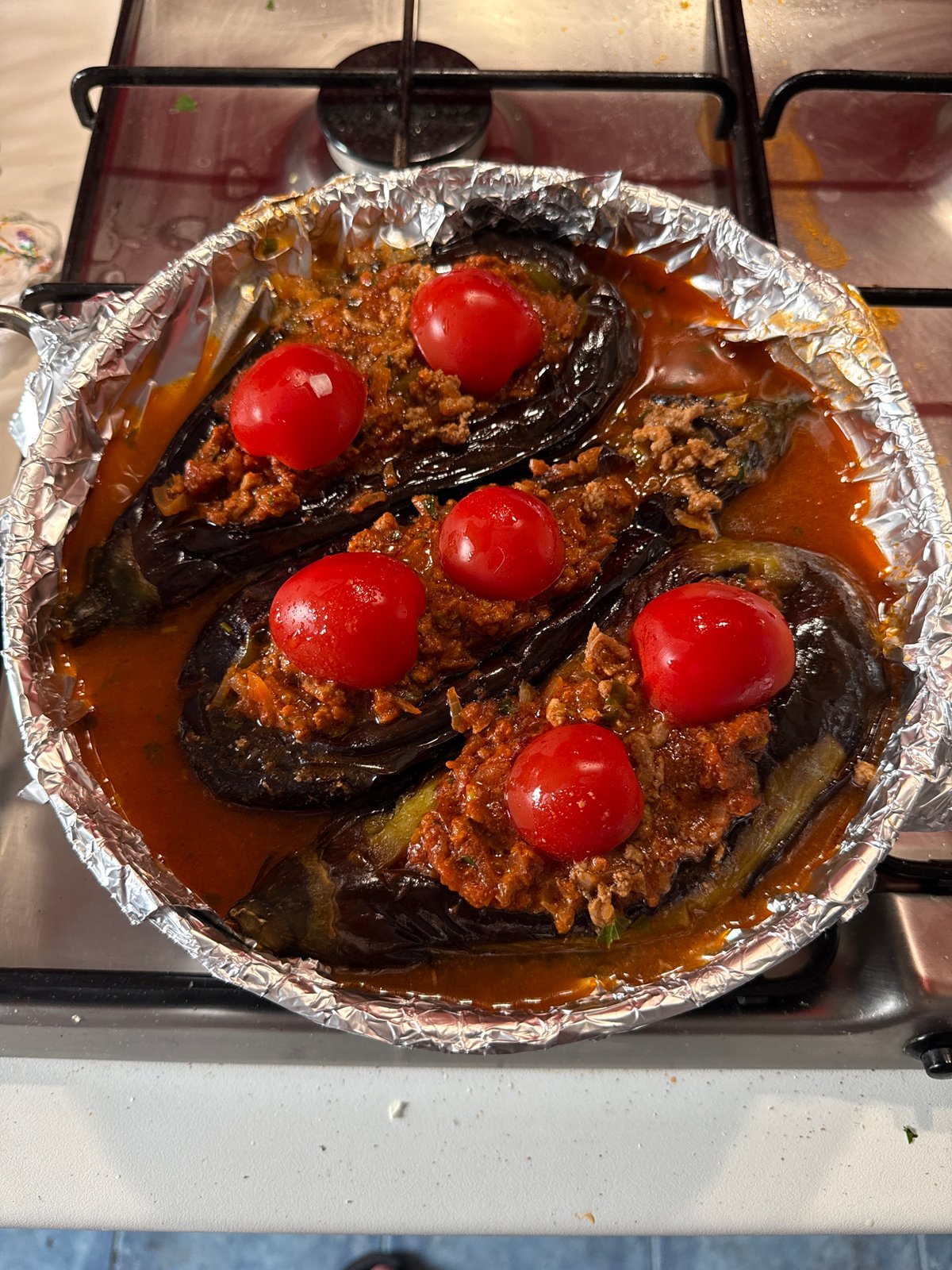 Stuffed eggplant dish prepared on Milan stovetop