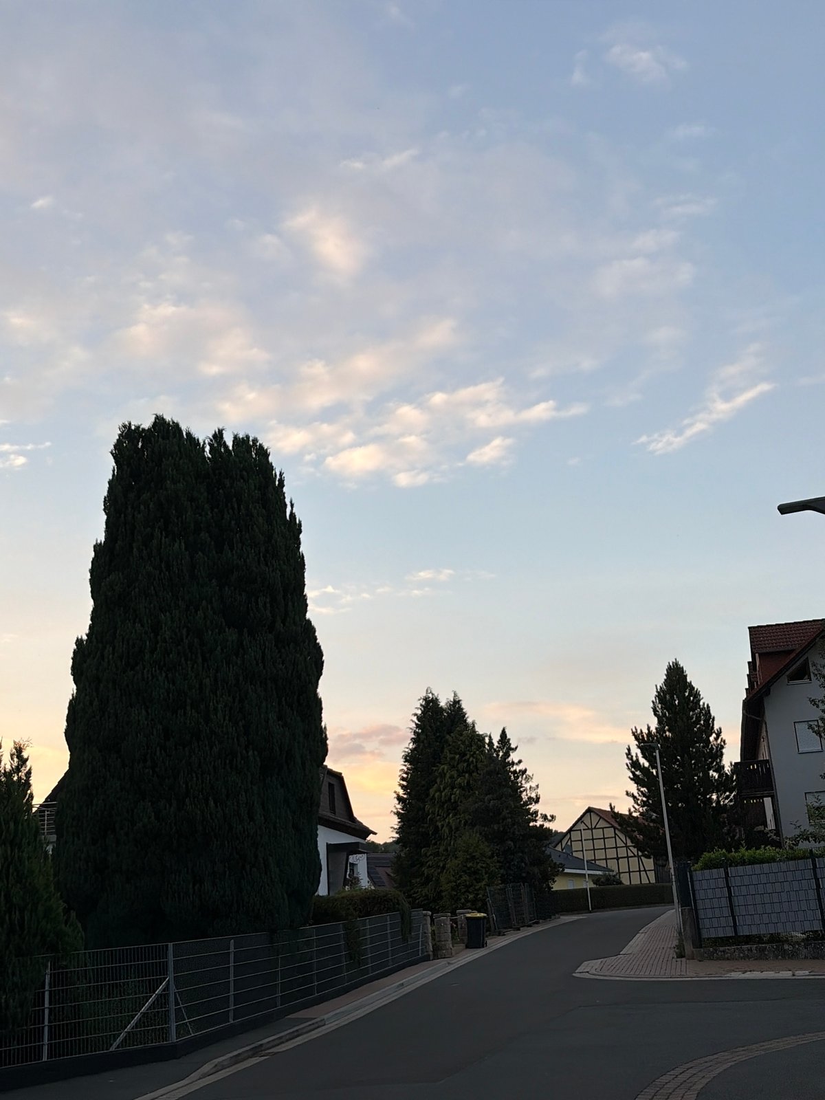 Suburban neighborhood streets and rooftops at golden hour