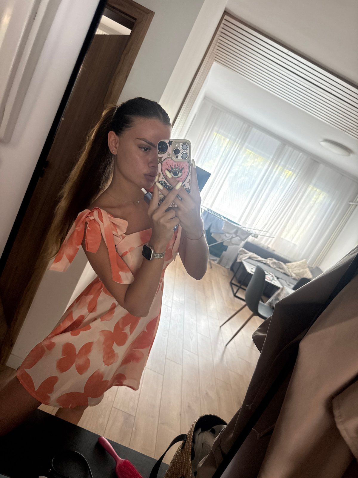 Getting ready in Plovdiv, orange floral dress, indoor and outdoor.