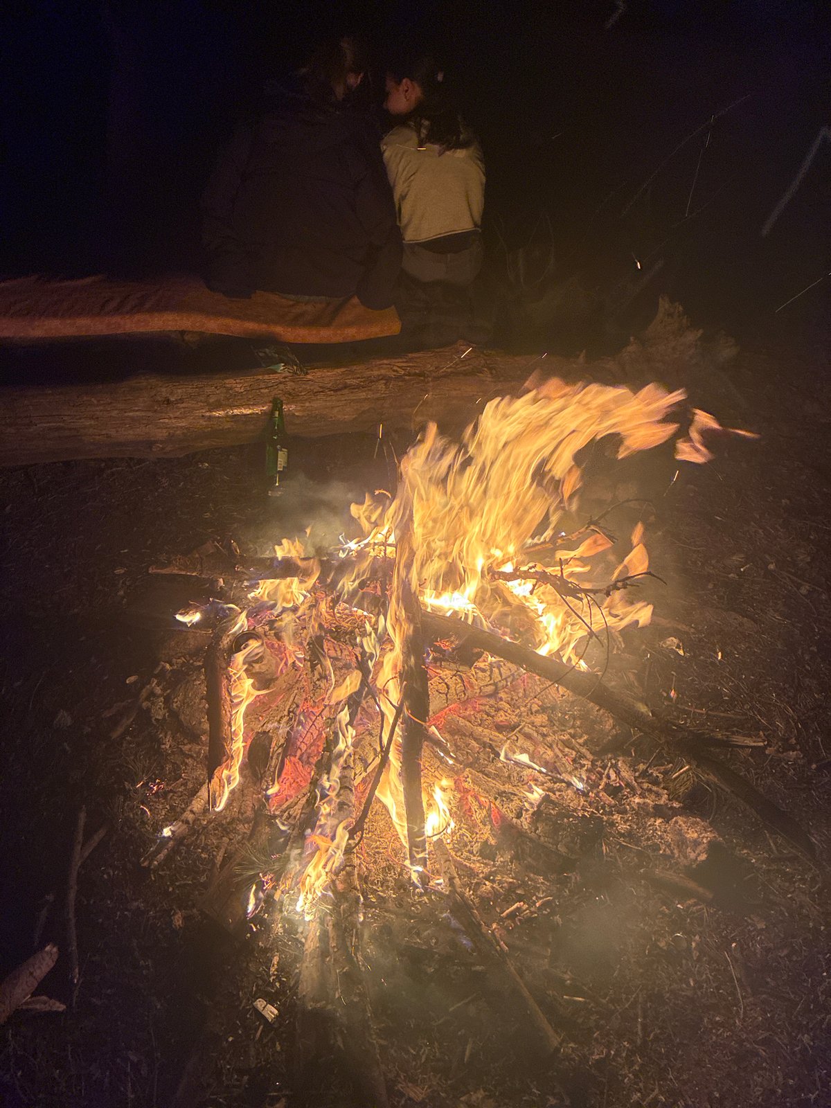 Nighttime campfire gathering documented near overturned vehicle