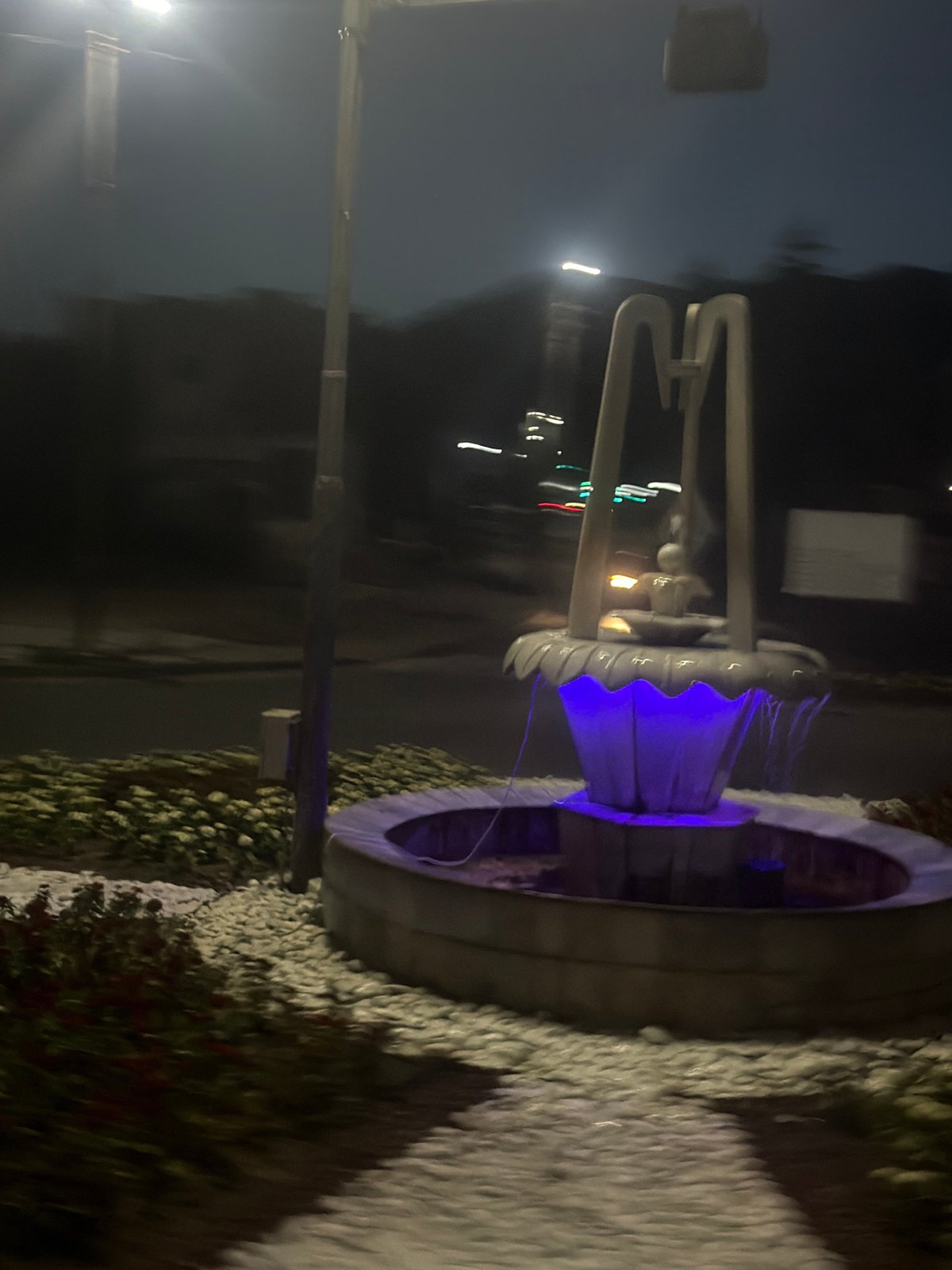 Velingrad at night: fountain and church lit up