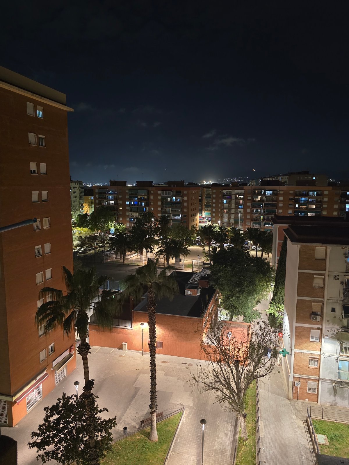 Nighttime urban courtyard documented in Cornellà de Llobregat, Spain