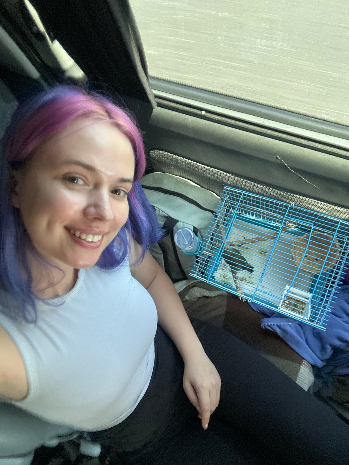 Woman with purple hair rests with caged pet in Imperia