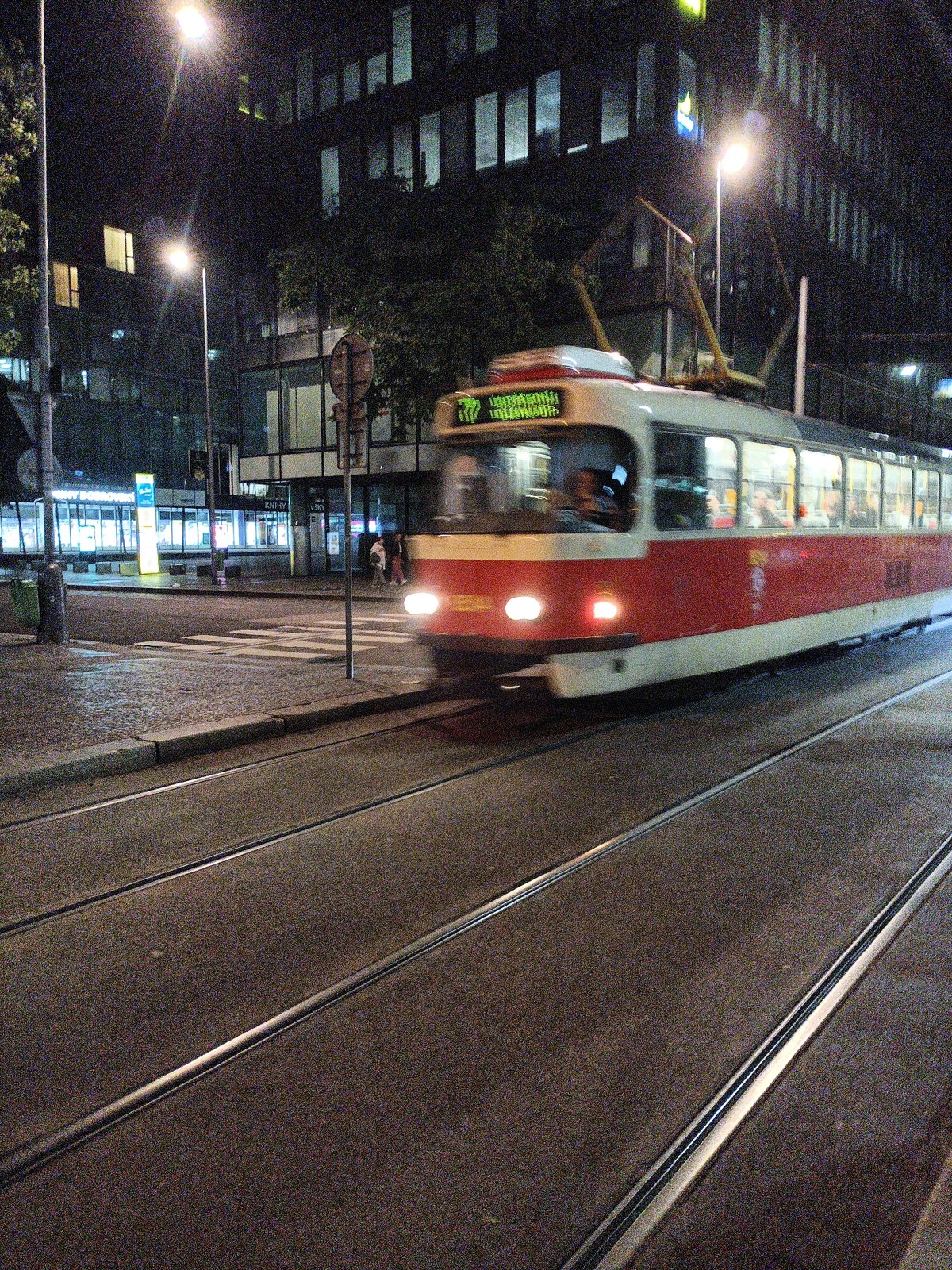Prague trams and street life on a summer night